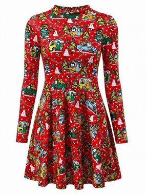 Born Famous Christmas Camper Truck Tree Swing Dress Women's S Red Long Sleeve Ho